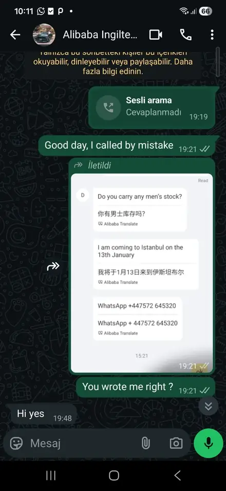 İngiltereli Alibaba müşterisiyle WhatsApp konuşması 1