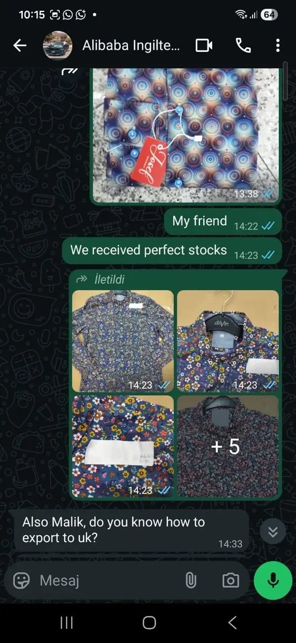 Alibaba üzerinden gelen İngiltereli alıcıyla WhatsApp konuşması