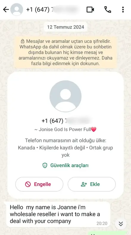 Firmaya gelen WhatsApp müşteri mesajı, ekran görüntüsü 14