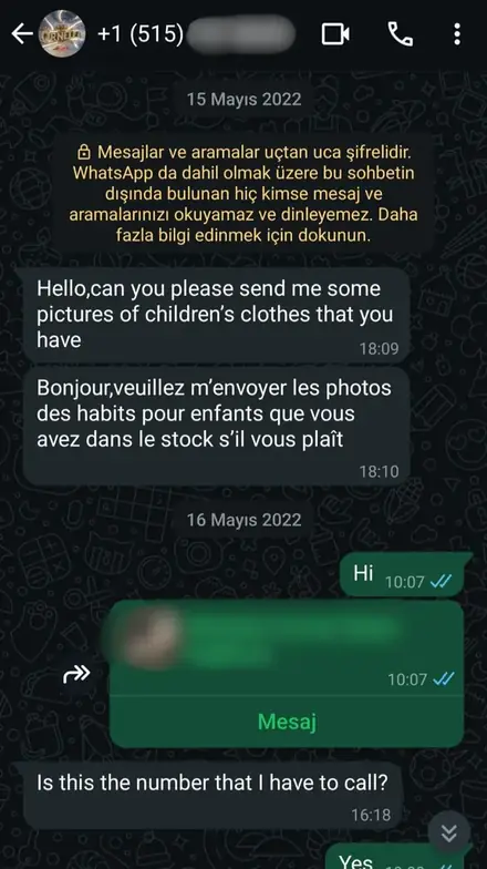 Firmaya gelen WhatsApp müşteri mesajı, ekran görüntüsü 16