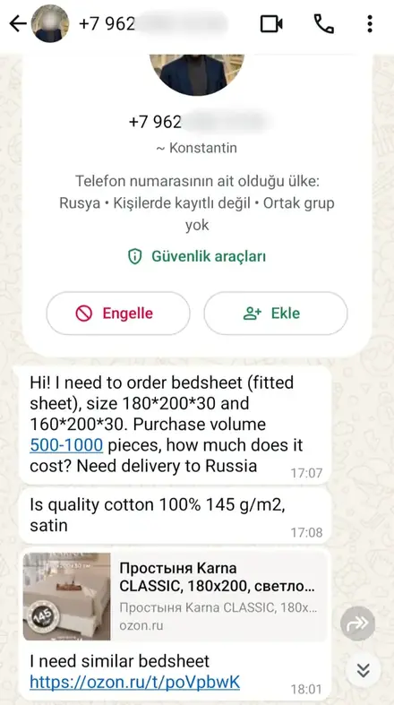 Firmaya gelen WhatsApp müşteri mesajı, ekran görüntüsü 3