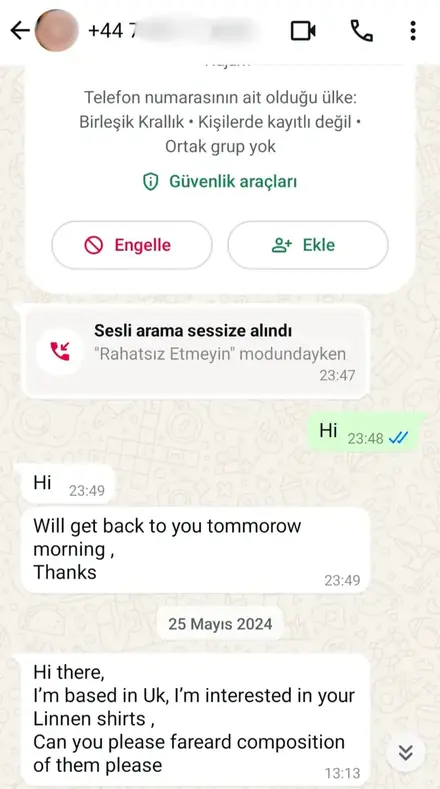 Firmaya gelen WhatsApp müşteri mesajı, ekran görüntüsü 20