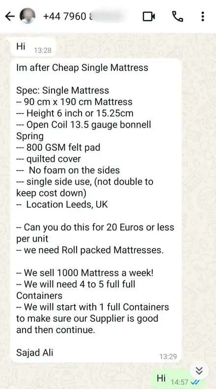 Firmaya gelen WhatsApp müşteri mesajı, ekran görüntüsü 22