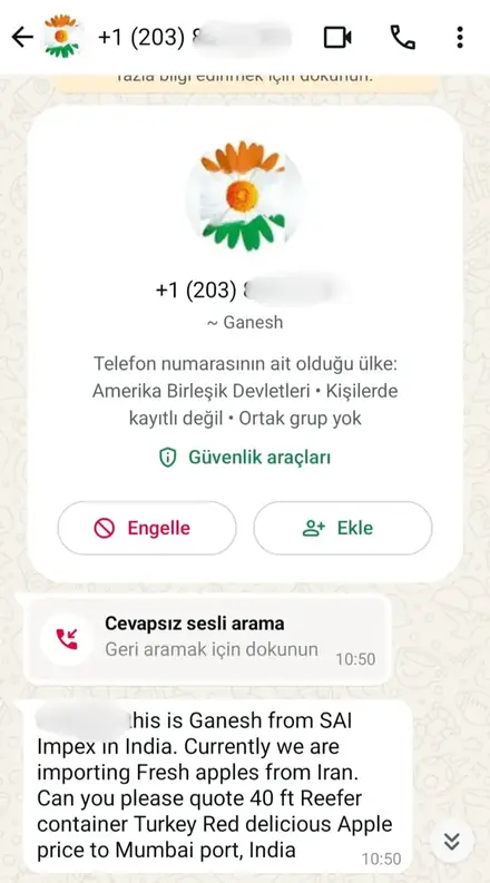 Firmaya gelen WhatsApp müşteri mesajı, ekran görüntüsü 5