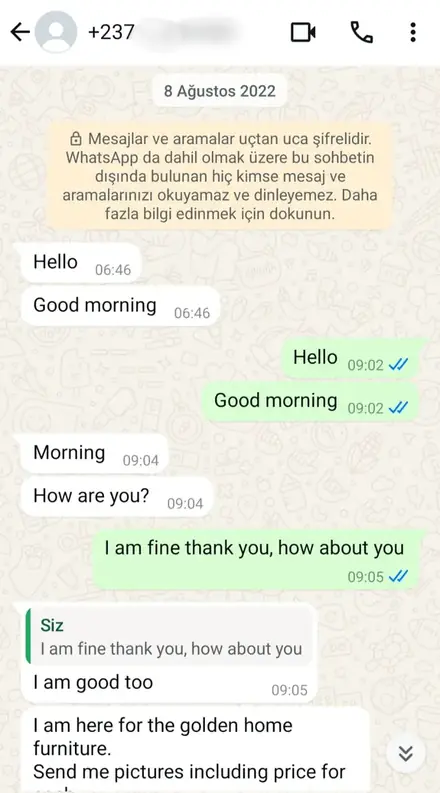Firmaya gelen WhatsApp müşteri mesajı, ekran görüntüsü 24