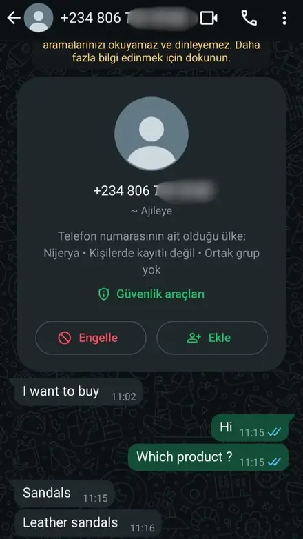 Firmaya gelen WhatsApp müşteri mesajı, ekran görüntüsü 6