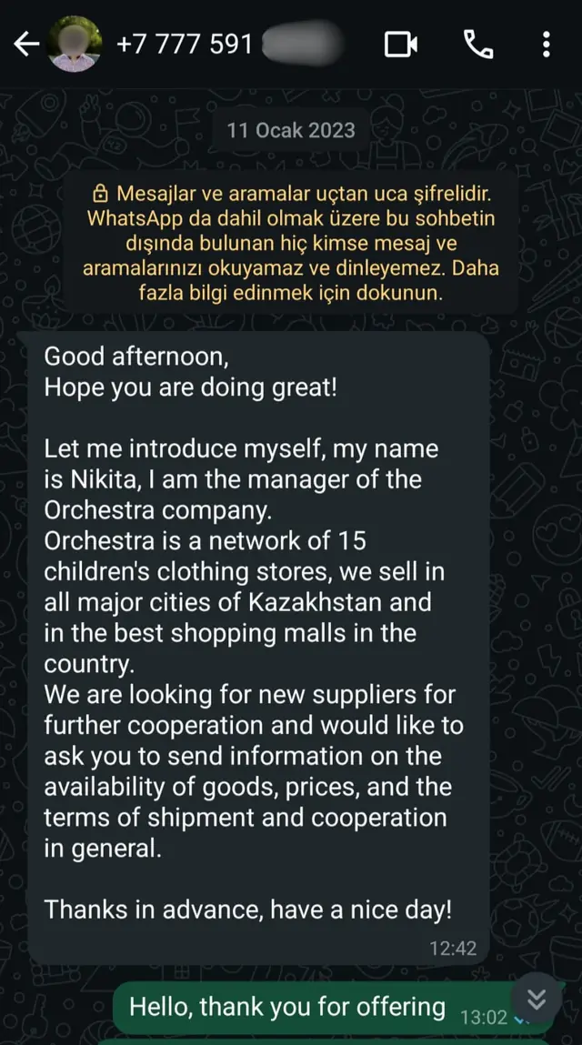 Kazakistan’daki bir mağaza zincirinden gelen toptan alım mesajı